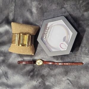 Womens 4 pc watch bracelet lot Timex Geneva gold bangle Qalo NEW leather